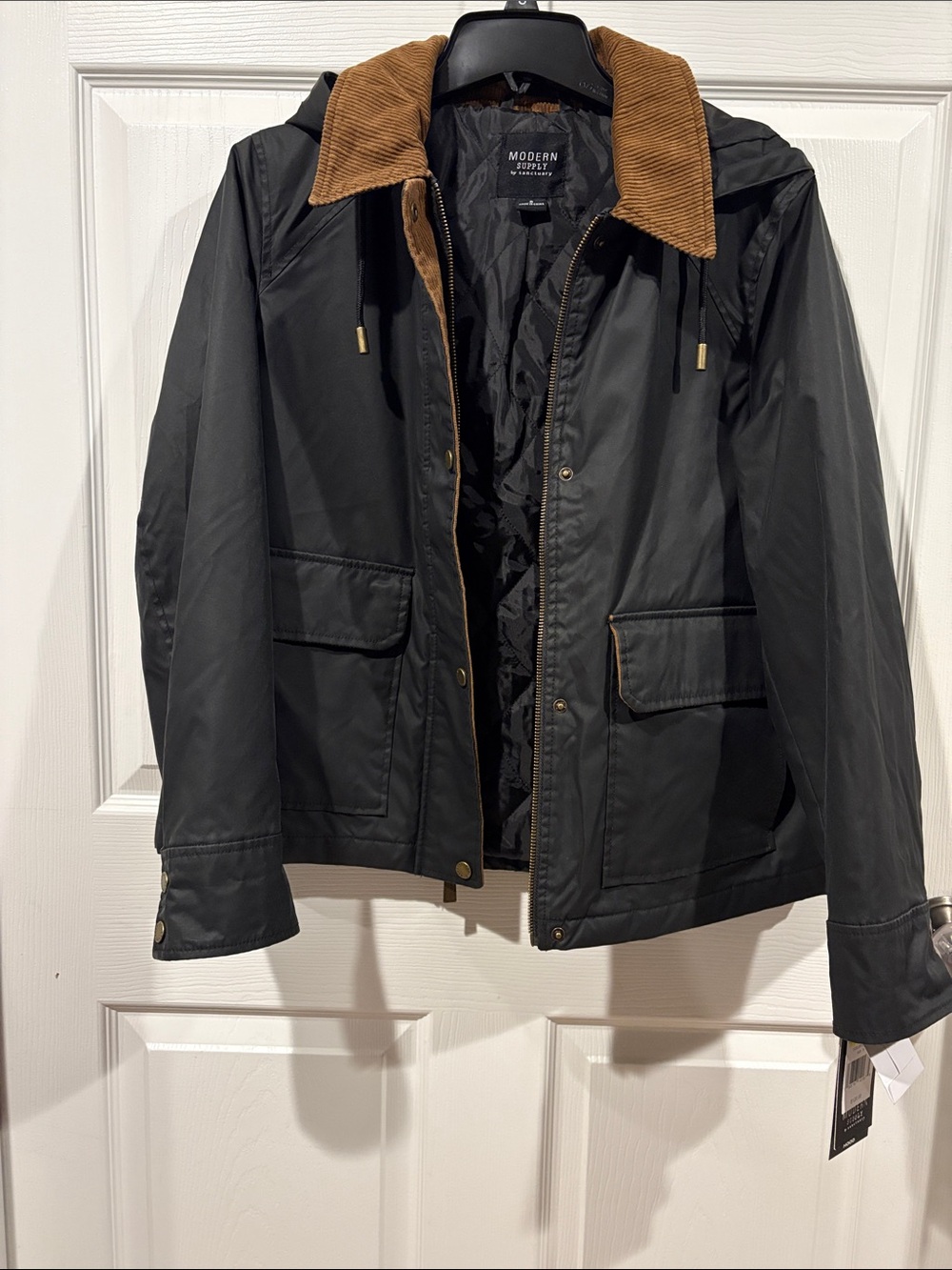 Sanctuary Black Utility Jacket with Brown Corduroy Trimmed Collar - Picture 5 of 11